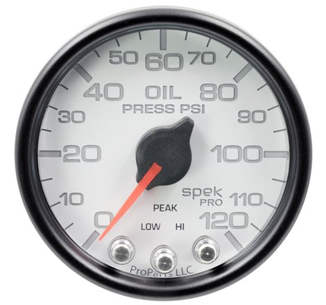 Autometer Spek-Pro Gauge Oil Press 2 1/16in 120psi Stepper Motor W/Peak & Warn Wht/Blk