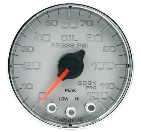 Autometer Spek-Pro Gauge Oil Press 2 1/16in 120psi Stepper Motor W/Peak & Warn Slvr/Chrm