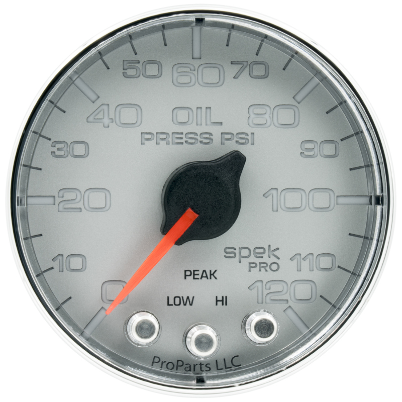 Autometer Spek-Pro Gauge Oil Press 2 1/16in 120psi Stepper Motor W/Peak & Warn Slvr/Chrm