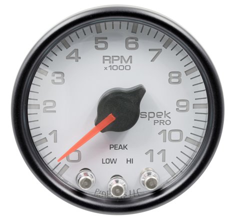 Autometer Spek-Pro Gauge Tach 2 1/16in 11K Rpm W/ Shift Light & Peak Mem Wht/Blk