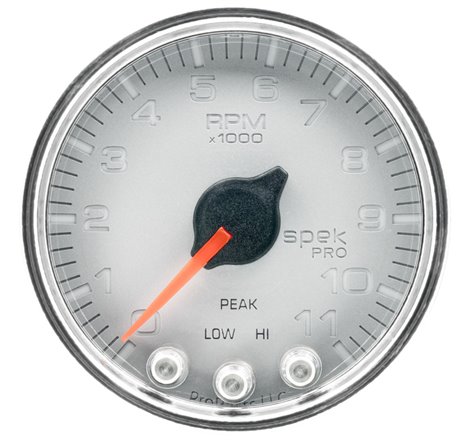 Autometer Spek-Pro Gauge Tach 2 1/16in 11K Rpm W/ Shift Light & Peak Mem Slvr/Chrm