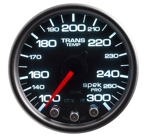 Autometer Spek-Pro Gauge Trans Temp 2 1/16in 300f Stepper Motor W/Peak & Warn Blk/Smoke/Blk