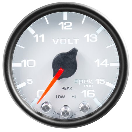 Autometer Spek-Pro Gauge Voltmeter 2 1/16in 16V Stepper Motor W/Peak & Warn Wht/Blk