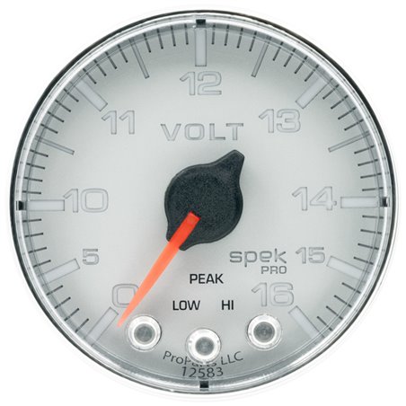 Autometer Spek-Pro Gauge Voltmeter 2 1/16in 16V Stepper Motor W/Peak & Warn Slvr/Chrm