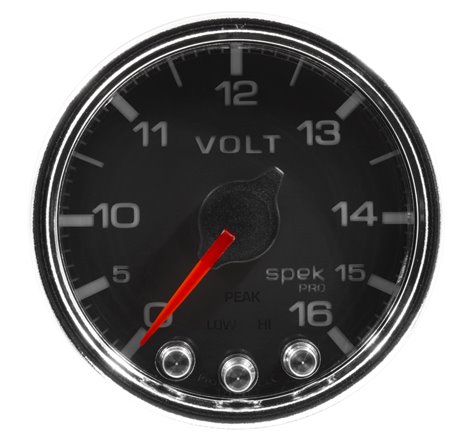 Autometer Spek-Pro Gauge Voltmeter 2 1/16in 16V Stepper Motor W/Peak & Warn Blk/Chrm