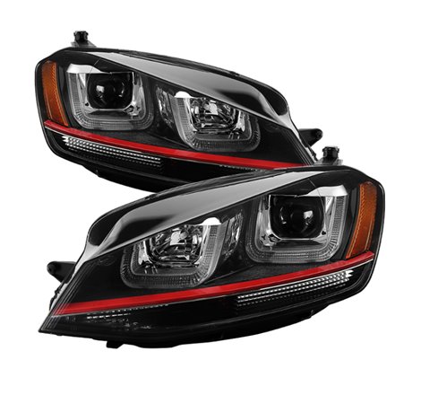 Spyder Volkswagen Golf VII 14-16 Projector Headlights DRL LED Red Stripe Blk PRO-YD-VG15-RED-DRL-BK