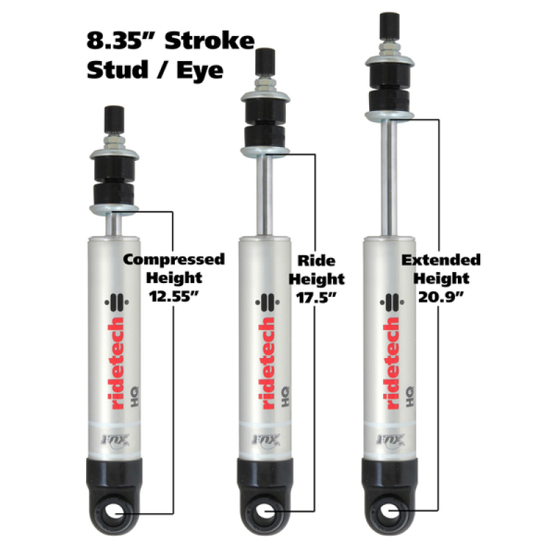 Ridetech HQ Series Shock Absorber Single Adjustable 8.35in Stroke Eye/Stud Mounting 12.55in x 20.9in