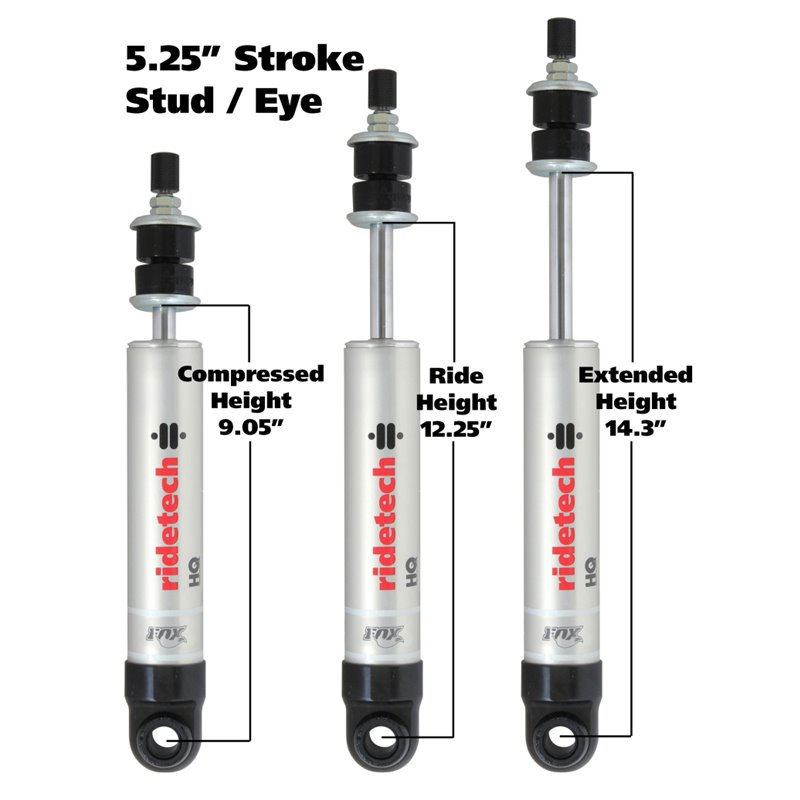 Ridetech HQ Series Shock Absorber Single Adjustable 5.25in Stroke Eye/Stud Mounting 9.05in x 14.3in