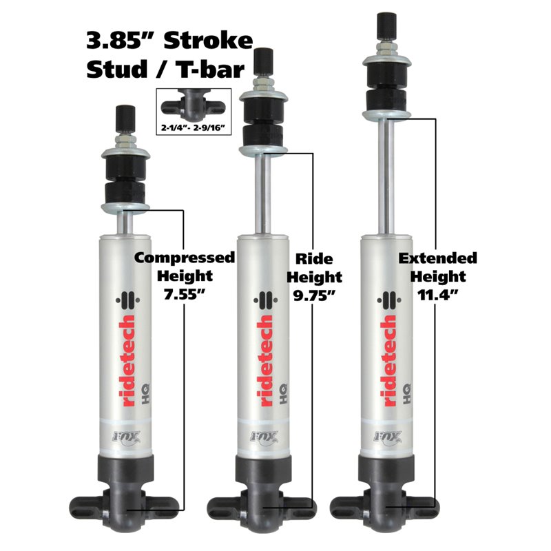 Ridetech HQ Series Shock Absorber Fixed Valve 3.85 Stroke Narrow T-bar/Stud Mounting 7.55in x 11.4in