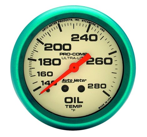 Autometer Ultra-Nite 66.7mm 140-280 Deg. F Mechanical Glow In The Dark Oil Temp Gauge