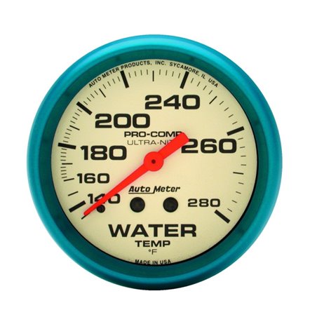 Autometer Ultra-Nite 2-5/8in 140-280 Deg F Mechanical Glow In The Dark Water Temp Gauge