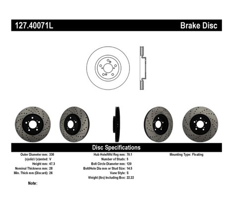 StopTech 07-08 Acura MDX SportStop Slotted & Drilled Left Front Rotor