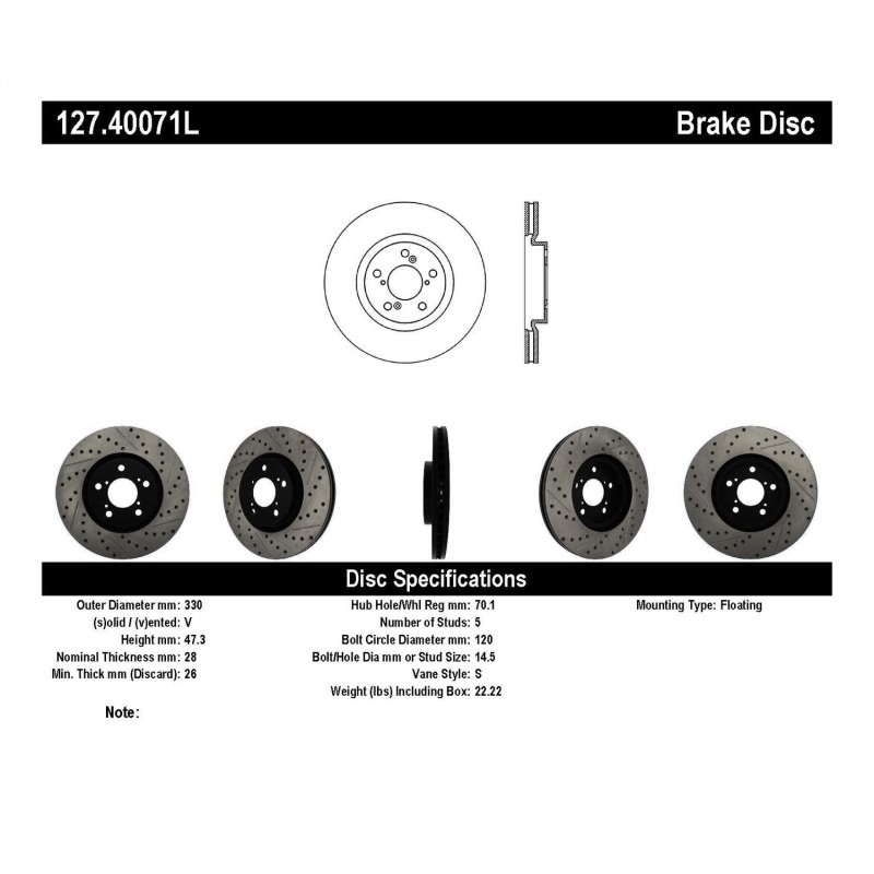 StopTech 07-08 Acura MDX SportStop Slotted & Drilled Left Front Rotor