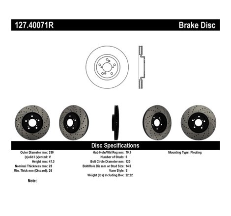 StopTech 07-08 Acura MDX SportStop Slotted & Drilled Right Front Rotor