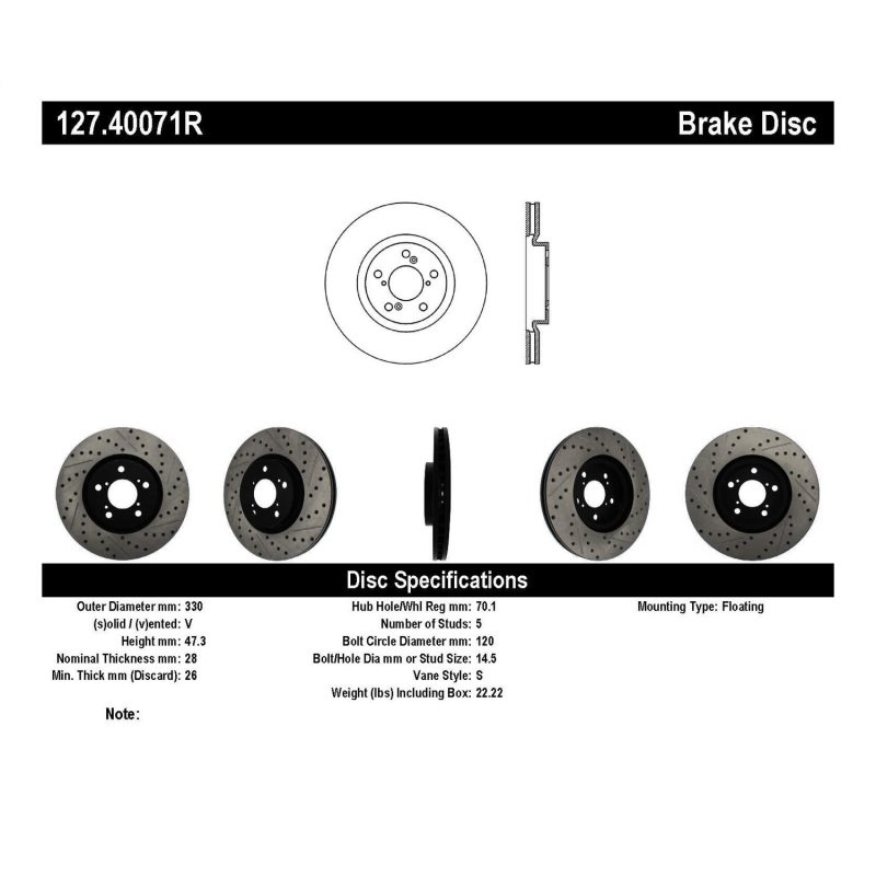 StopTech 07-08 Acura MDX SportStop Slotted & Drilled Right Front Rotor