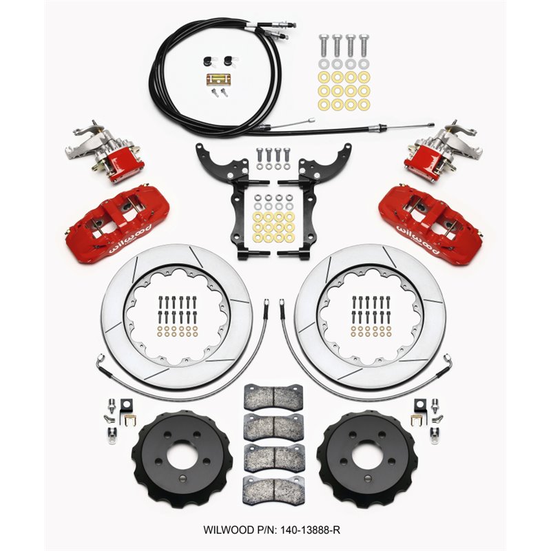 Wilwood AERO4 / MC4 Rear Kit 14.00 Red 2015-Up Mustang w/Lines & Cables