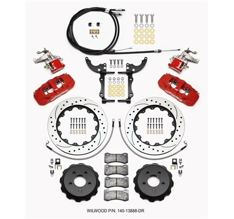 Wilwood AERO4 / MC4 Rear Kit 14.00 Drilled Red 2015-Up Mustang w/Lines & Cables