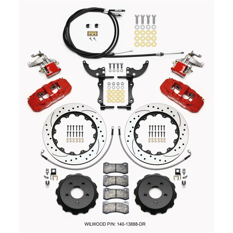 Wilwood AERO4 / MC4 Rear Kit 14.00 Drilled Red 2015-Up Mustang w/Lines & Cables