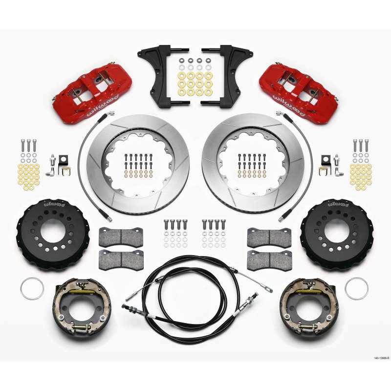 Wilwood AERO4 Rear Kit 14.00 Red 2005-2014 Mustang w/ BMR Suspn. w/Lines