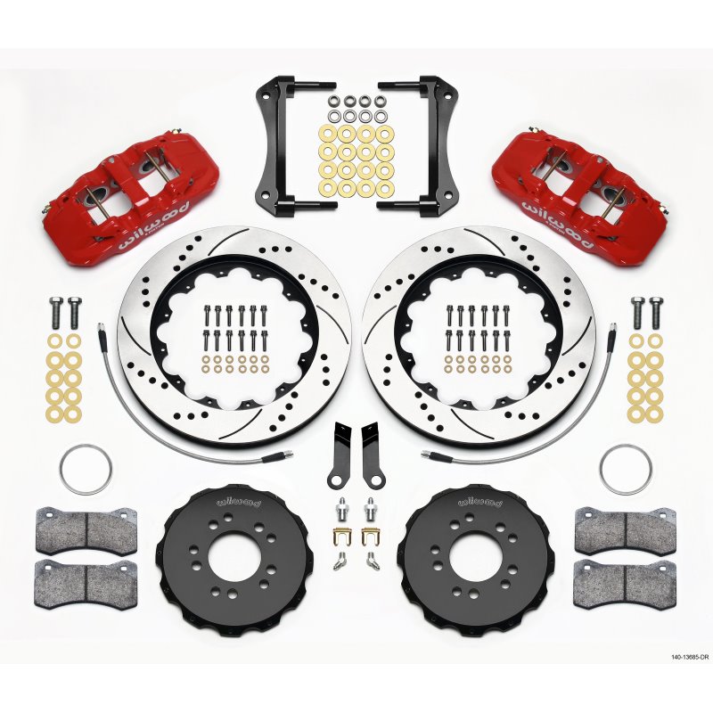 Wilwood AERO6 Front Hat Kit 14.00 Drilled Red 2005-2014 Mustang w/ BMR Suspn. w/Lines