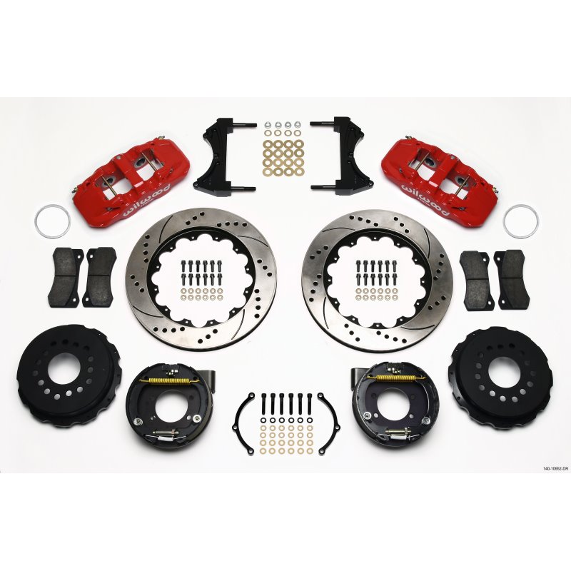 Wilwood AERO4 Rear P-Brake Kit 14.00in Drill Red Ford 8.8 w/2.5in Offset-5 Lug