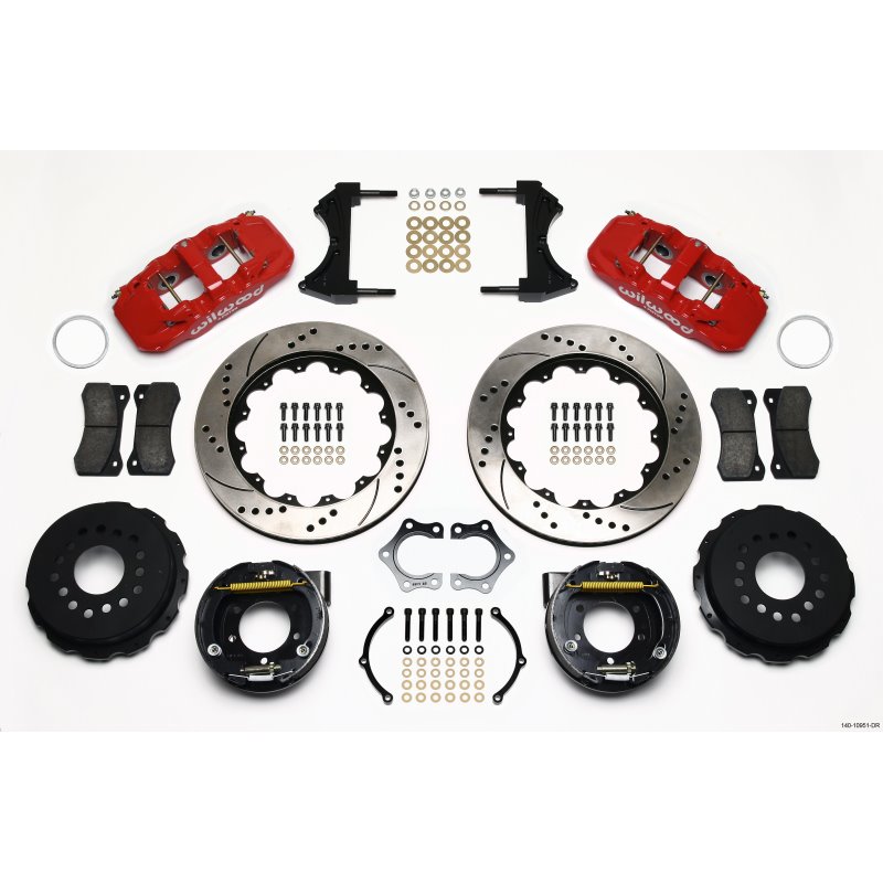 Wilwood AERO4 Rear P-Brake Kit 14.00in Drill Red Mopar/Dana 2.36in Off w/Snap Ring Brng