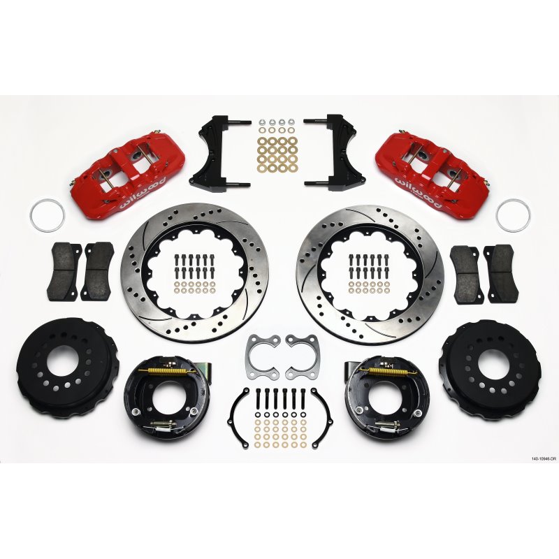 Wilwood AERO4 Rear P-Brake Kit 14.00in Drilled Red Small Ford 2.66in Offset