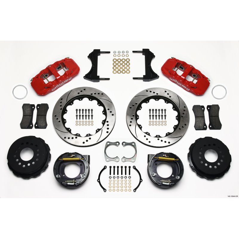 Wilwood AERO4 Rear P-Brake Kit 14.00in Drilled Red Big Ford New Style 2.36in Offset