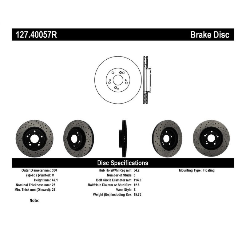 StopTech 02-06 Acura RSX Type S / 06-09 Honda Civic Si Slotted & Drilled Right Front Rotor