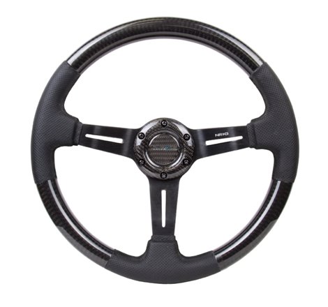 NRG Carbon Fiber Steering Wheel (350mm / 1.5in. Deep) Leather Trim w/Blk Stitch & Slit Cutout Spokes