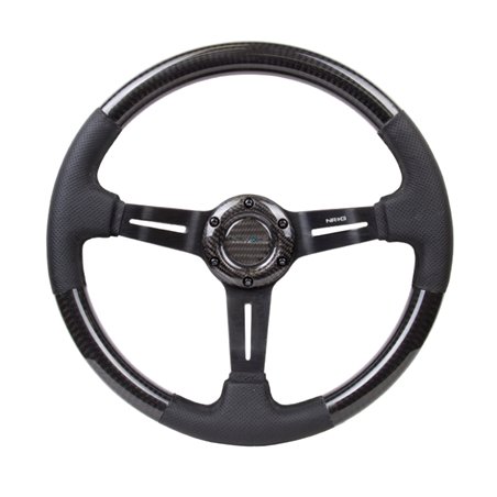 NRG Carbon Fiber Steering Wheel (350mm / 1.5in. Deep) Leather Trim w/Blk Stitch & Slit Cutout Spokes