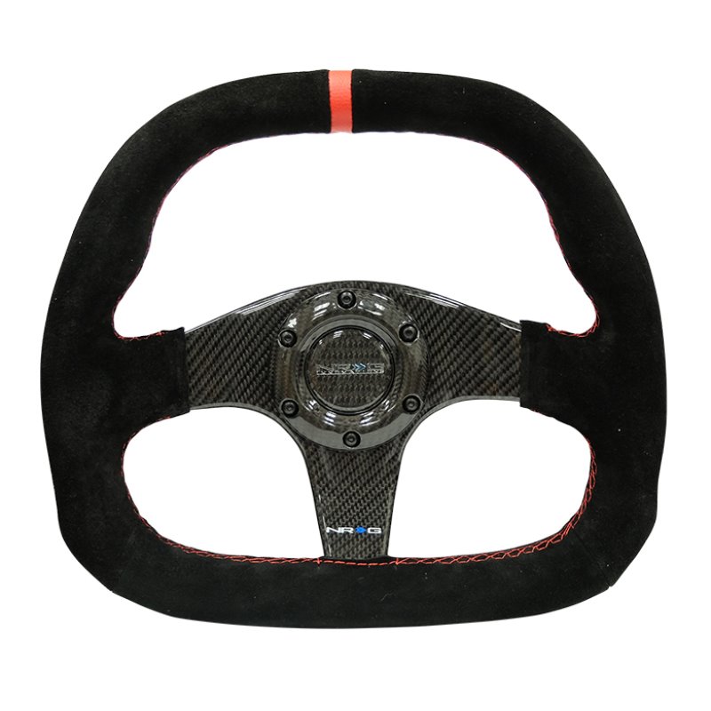 NRG Carbon Fiber Steering Wheel (320mm) Flat Btm. Blk Suede/Red Stitch w/CF Spokes & Red Center Mark