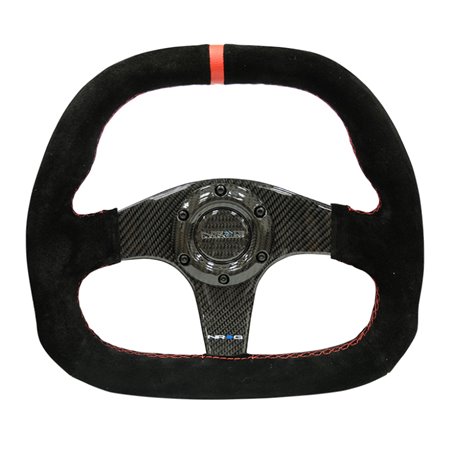 NRG Carbon Fiber Steering Wheel (320mm) Flat Btm. Blk Suede/Red Stitch w/CF Spokes & Red Center Mark