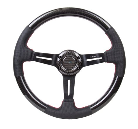 NRG Carbon Fiber Steering Wheel (350mm /1.5in. Deep) Leather Trim w/Red Stitch & Slit Cutout Spokes