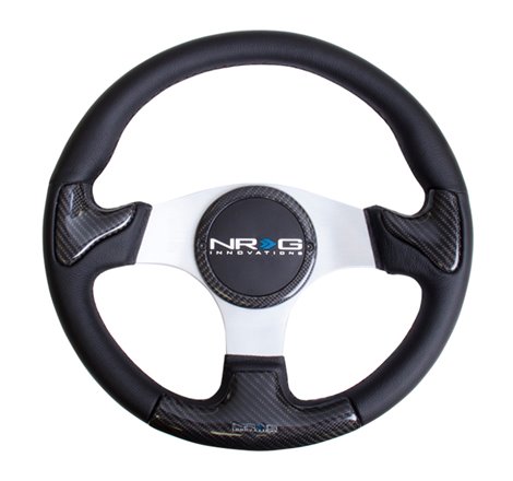 NRG Carbon Fiber Steering Wheel (350mm) Silver Frame Blk Stitching w/Rubber Cover Horn Button