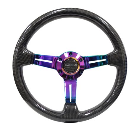 NRG Carbon Fiber Steering Wheel (350mm / 1.5in. Deep) Neochrome 3-Spoke Design w/Slit Cuts