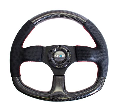 NRG Carbon Fiber Steering Wheel (320mm) Flat Bottom & Leather Trim w/Red Stitching