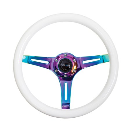 NRG Classic Wood Grain Steering Wheel (350mm) Glow-N-The-Dark Green Grip w/Neochrome 3-Spoke Center