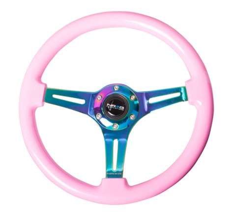 NRG Classic Wood Grain Steering Wheel (350mm) Solid Pink Painted Grip w/Neochrome 3-Spoke Center