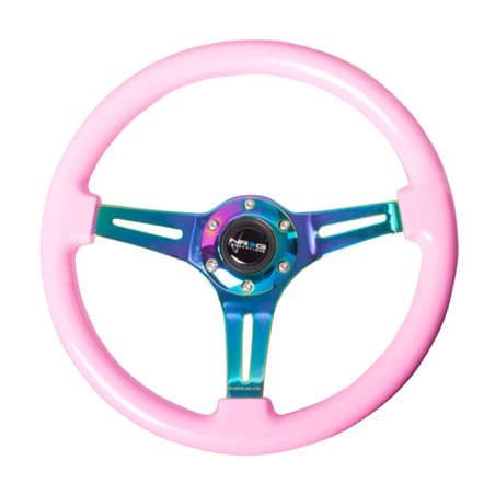 NRG Classic Wood Grain Steering Wheel (350mm) Solid Pink Painted Grip w/Neochrome 3-Spoke Center