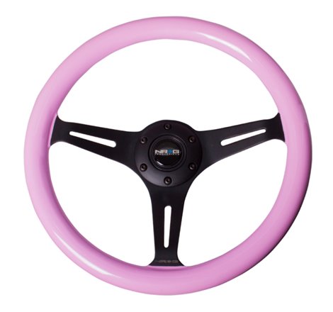 NRG Classic Wood Grain Steering Wheel (350mm) Solid Pink Painted Grip w/Black 3-Spoke Center