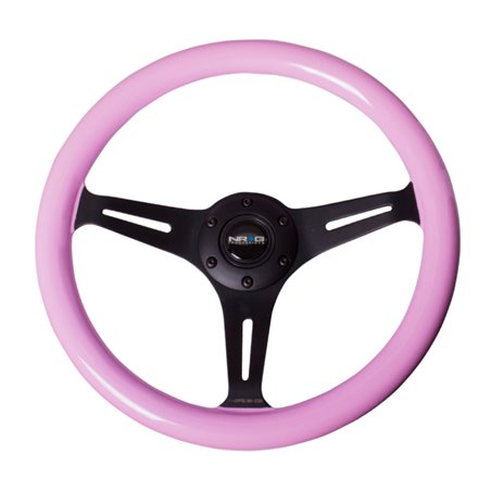 NRG Classic Wood Grain Steering Wheel (350mm) Solid Pink Painted Grip w/Black 3-Spoke Center