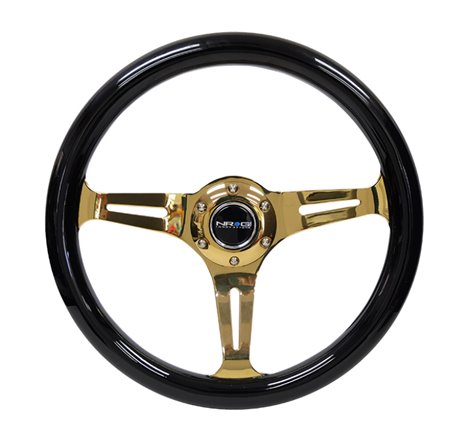 NRG Classic Wood Grain Steering Wheel (350mm) Black Grip w/Chrome Gold 3-Spoke Center