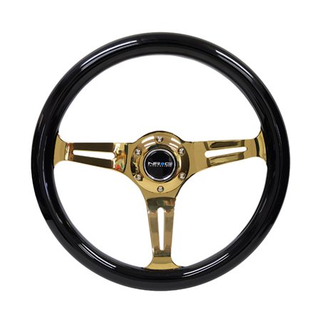 NRG Classic Wood Grain Steering Wheel (350mm) Black Grip w/Chrome Gold 3-Spoke Center