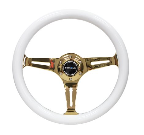 NRG Classic Wood Grain Steering Wheel (350mm) White Grip w/Chrome Gold 3-Spoke Center