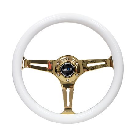 NRG Classic Wood Grain Steering Wheel (350mm) White Grip w/Chrome Gold 3-Spoke Center