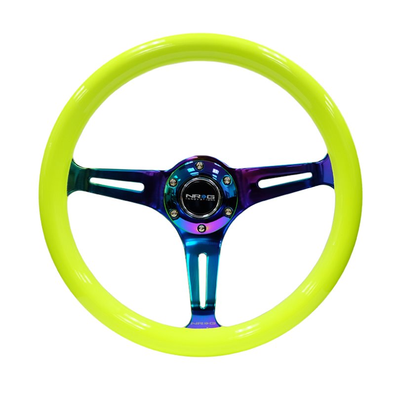 NRG Classic Wood Grain Steering Wheel (350mm) Neon Yellow Color w/Neochrome Spokes