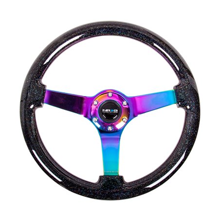 NRG Reinforced Steering Wheel (350mm / 3in. Deep) Classic Blk Sparkle w/4mm Neochrome 3-Spoke Center