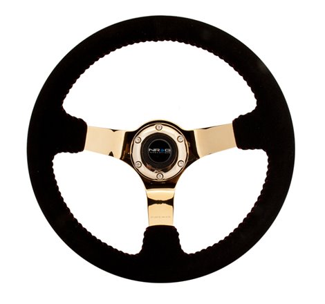 NRG Reinforced Steering Wheel (350mm / 3in. Deep) Blk Suede w/Red BBall Stitch & Chrome Gold 3-Spoke