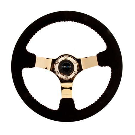 NRG Reinforced Steering Wheel (350mm / 3in. Deep) Blk Suede w/Red BBall Stitch & Chrome Gold 3-Spoke